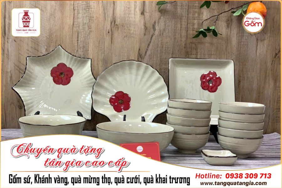 Bát đĩa họa tiết hoa đỏ cao cấp Bát Tràng