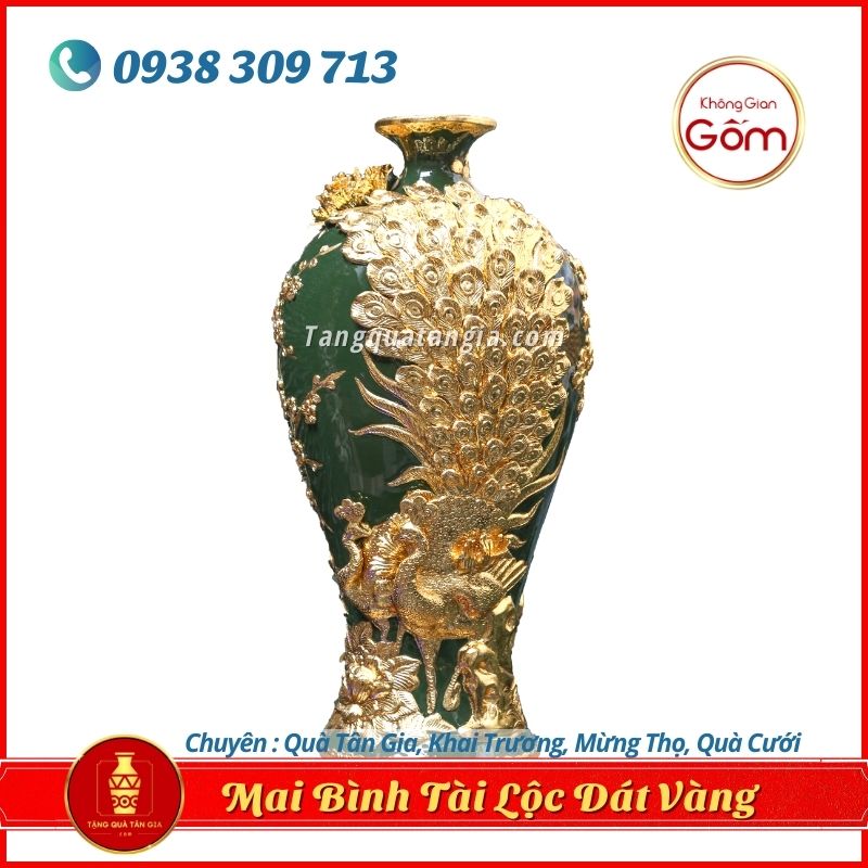 Mai Bình Tài Lộc Dát Vàng Công Đào men xanh lục 11