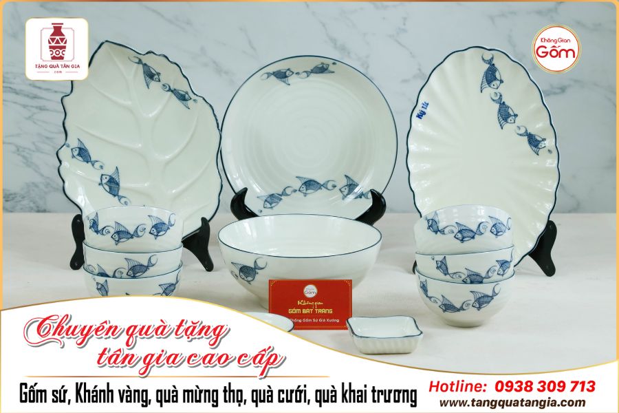 Bộ bát đĩa gốm sứ vẽ cá men trắng Bát Tràng